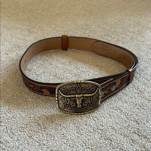 Men's Brown Leather Belt with Gold Buckle
